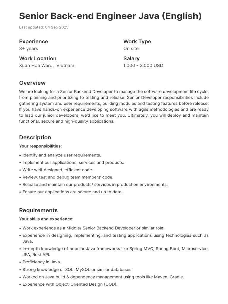 JD_Senior Back-End Engineer Java (English) | PDF | Software Development ...