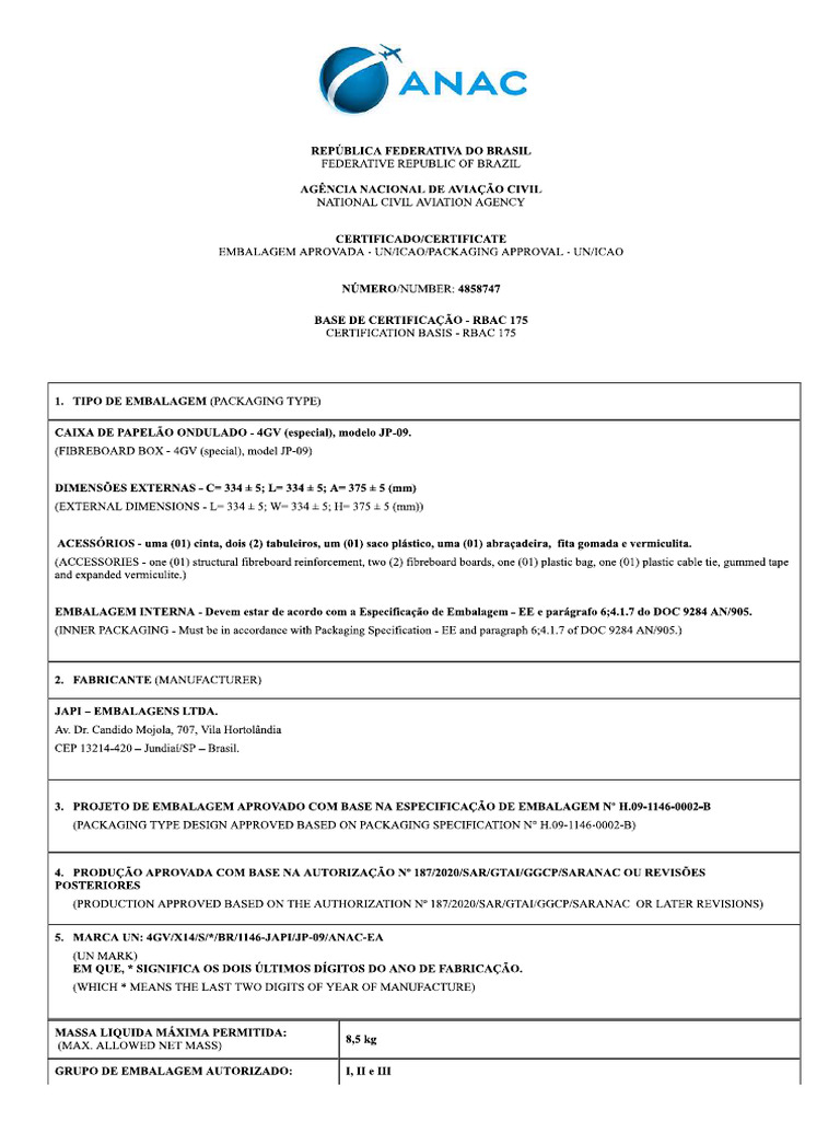 Certif ANAC JP 09 Validade17.10.2026 | PDF
