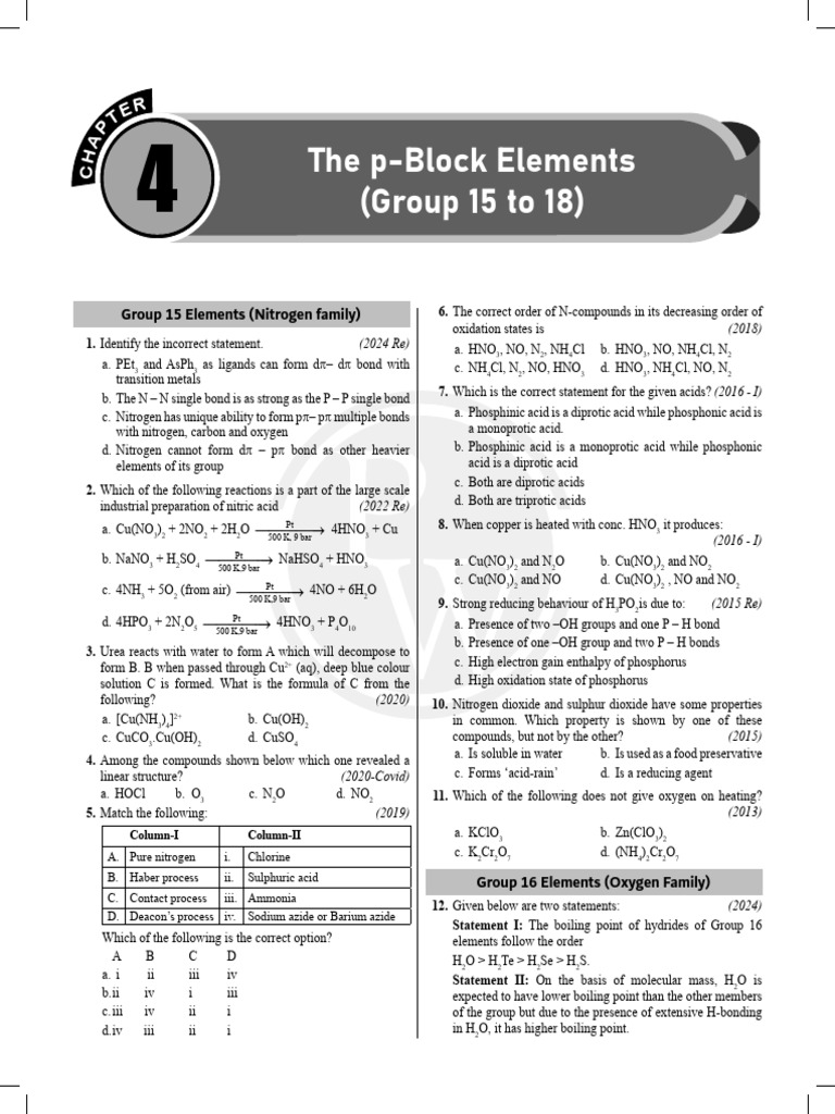 Chapterwise PYQ The P Block Elements | PDF | Fluorine | Nitric Acid