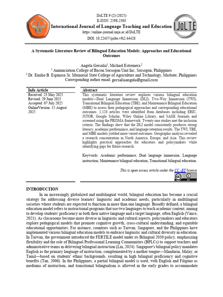 A Systematic Literature Review of Bilingual Education Models Approaches ...