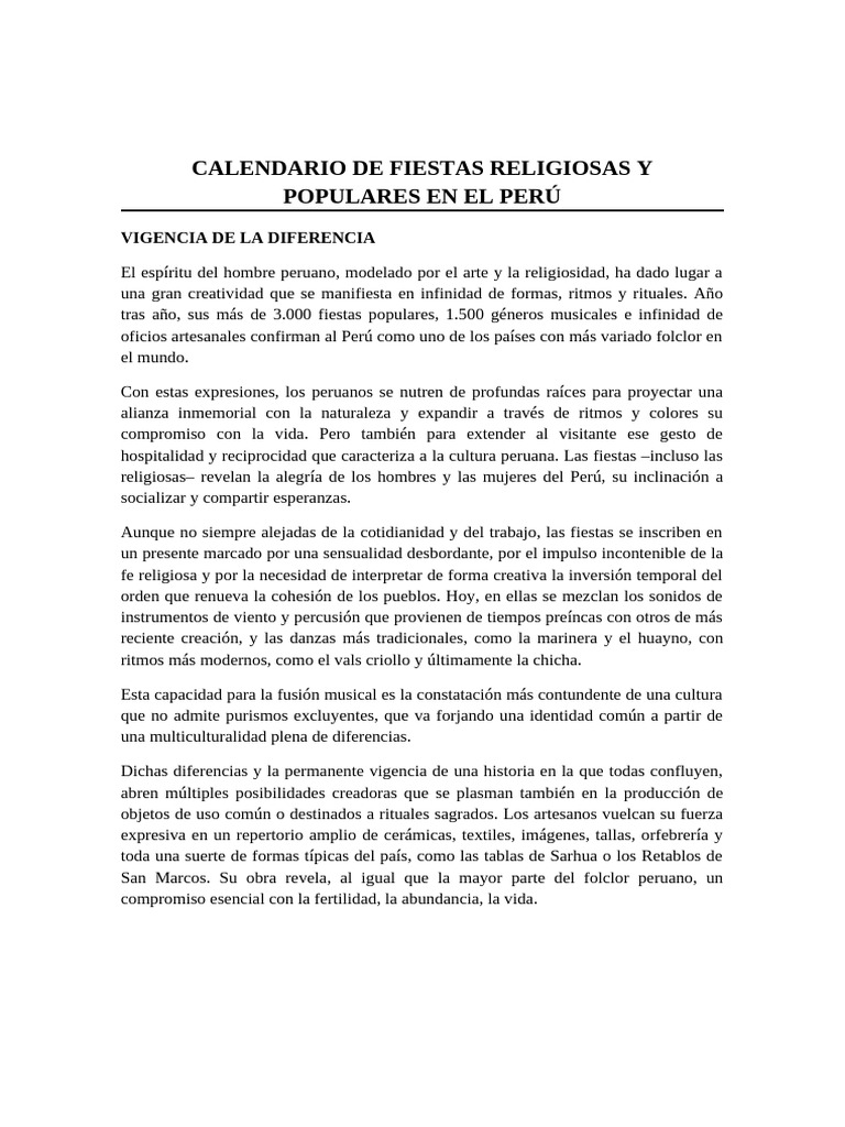 Calendario de Fiestas Religiosas y Populares en El Perú | PDF | Perú ...