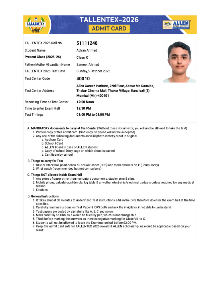 Tallentex 2026 - Admit Card | PDF