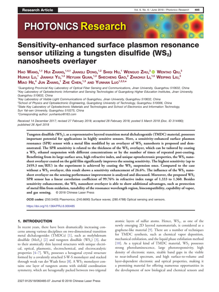 Tungsten Disulfide (WS2) Nanosheets Overlayer | PDF | Surface Plasmon ...