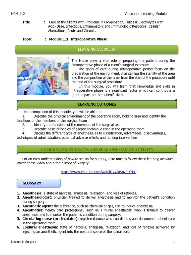 1.2 Intraoperative Nursing Care Module | PDF | Anesthesia | Surgery