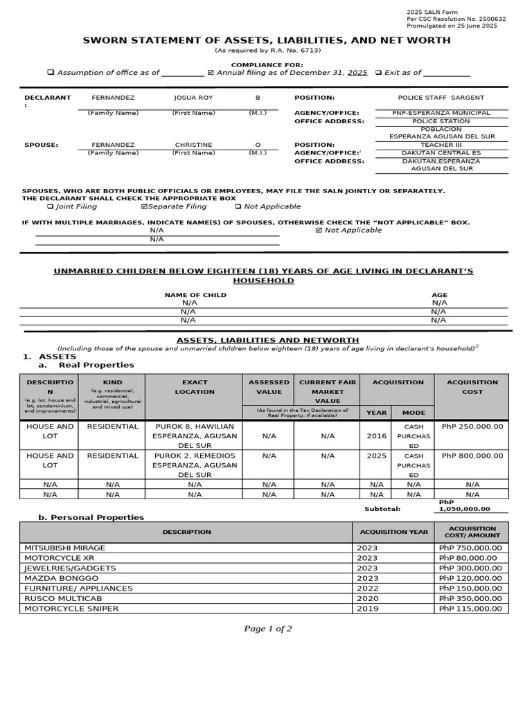 Saln Format For Separate Filing | PDF | Affidavit | Social Institutions