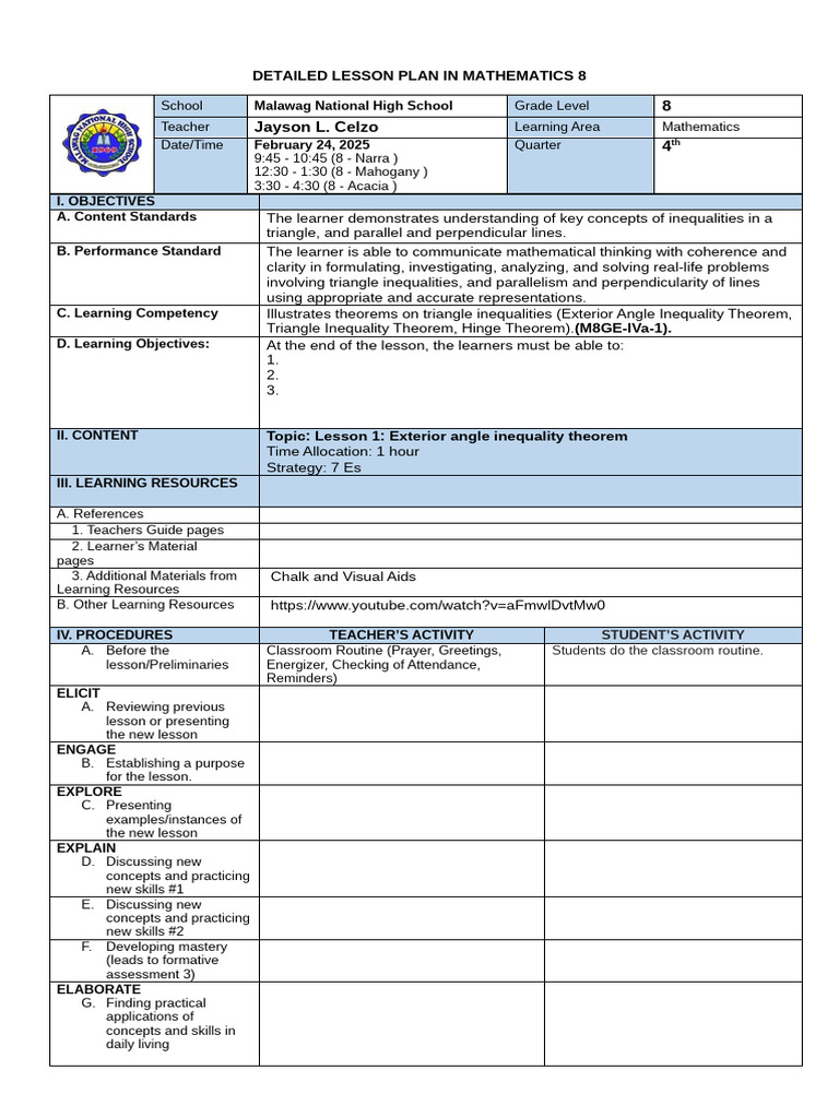 Detailed Lesson Plan in Mathematics 8 | PDF | Lesson Plan | Learning