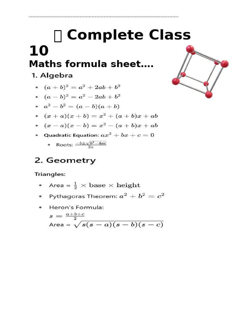 Maths Formula Sheet (Class 10) | PDF