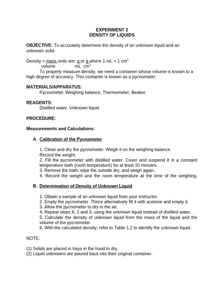 Experiment No. 2 Density of Liquids | PDF | Density | Weight