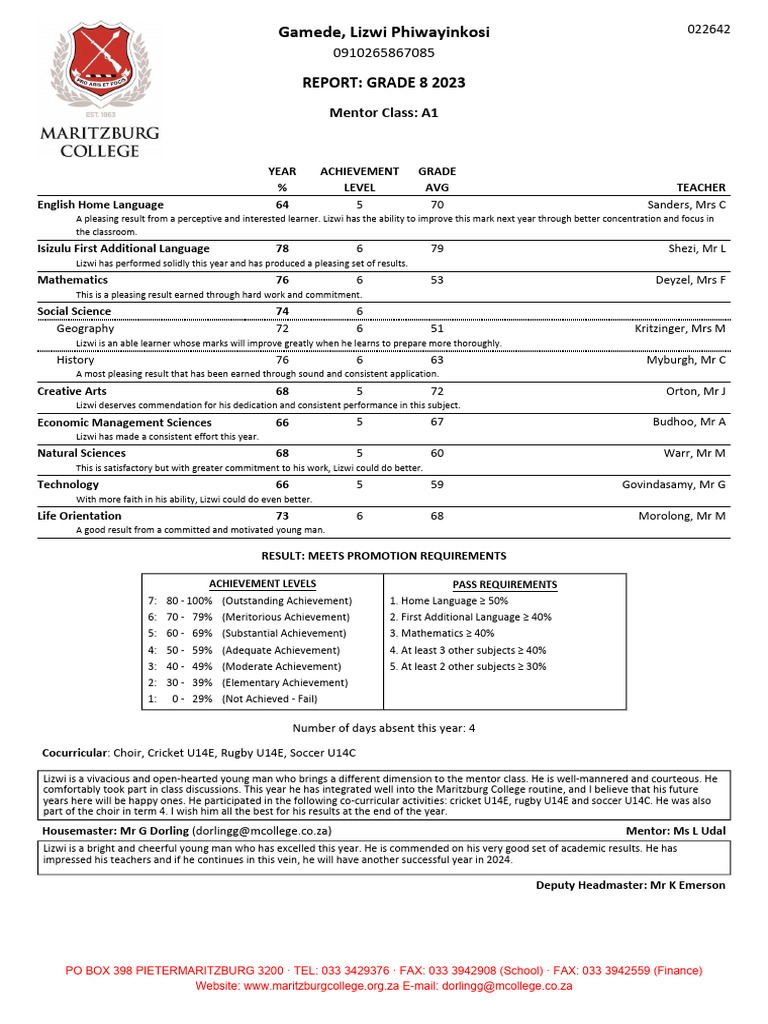 Gamede, Lizwi Phiwayinkosi: Report: Grade 8 2023 | PDF | Learning