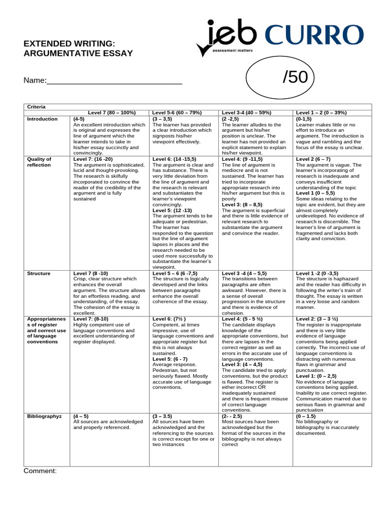 Argumentative Essay Rubric and Feedback Form | PDF | Essays | Argument