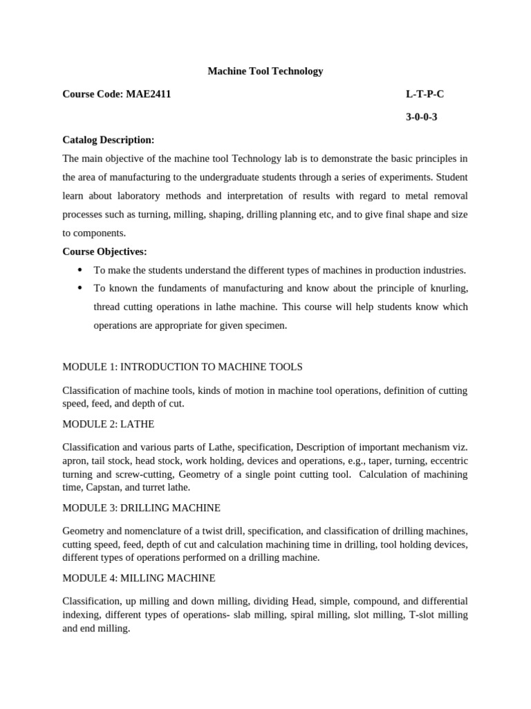 (Syllabus) MTT | PDF | Machining | Machine Tool