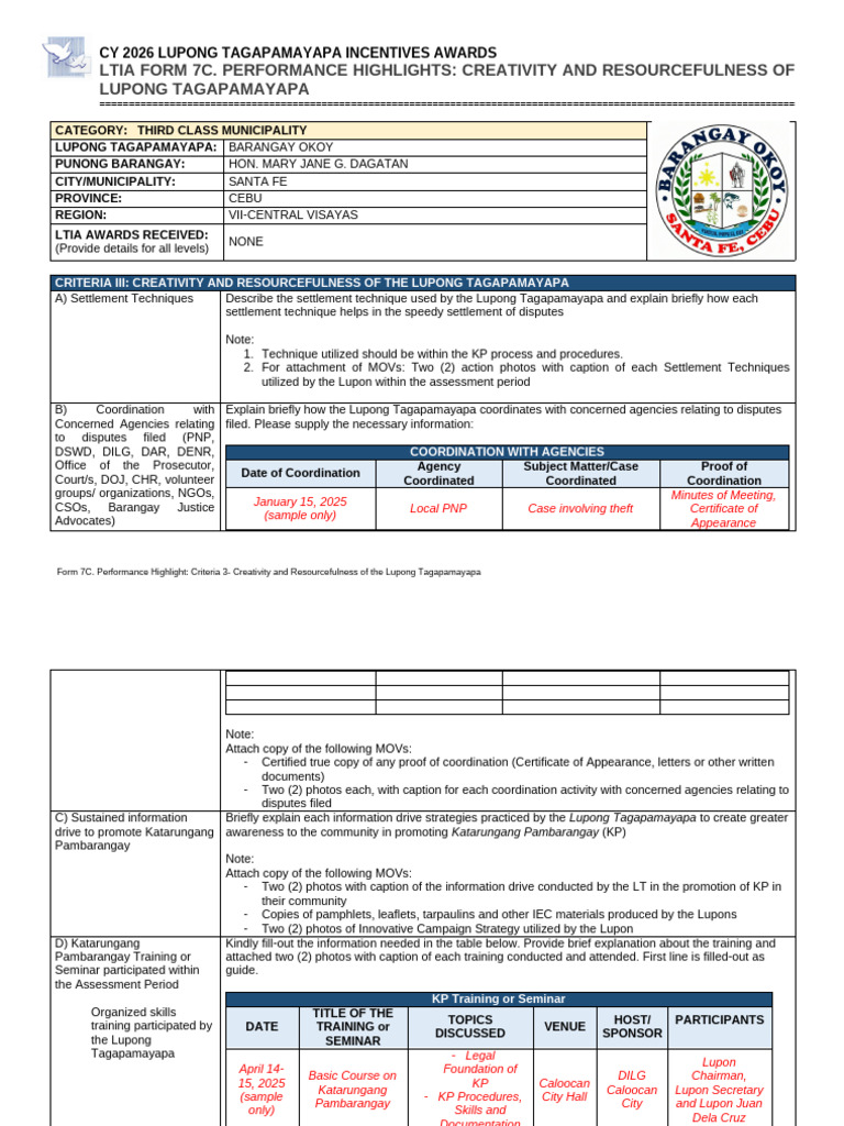 Form 7C. Performance Highlight, Creativity and Resourcefulness | PDF