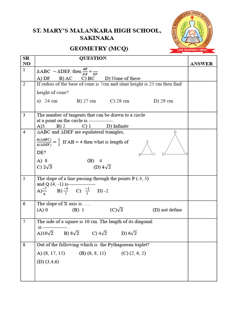 MCQ STD X Geometry Prelims 2025 - 26 | PDF | Circle | Area