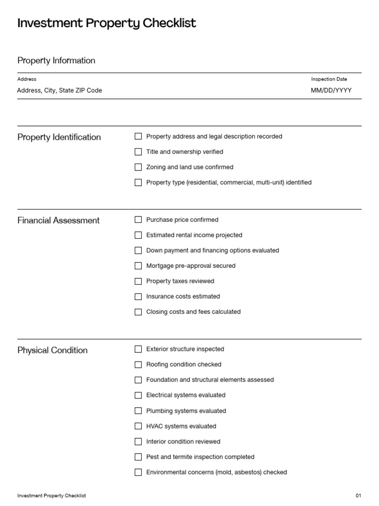 Investment Property Checklist Template | PDF | Real Estate Investing ...