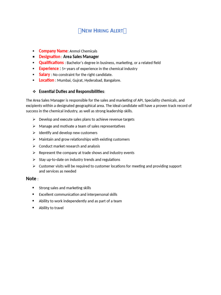 JD of Area Sales Manager | PDF
