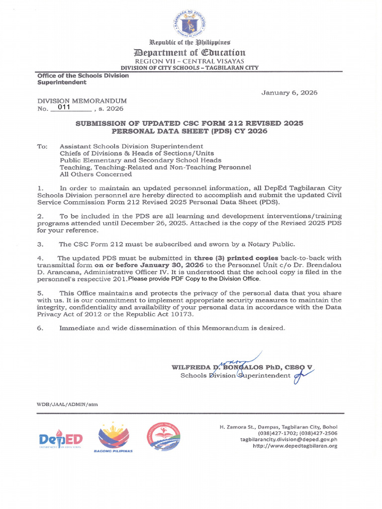 DM No. 011 S. 2025 Submission of Updated CSC Form 212 Revised 2025 ...