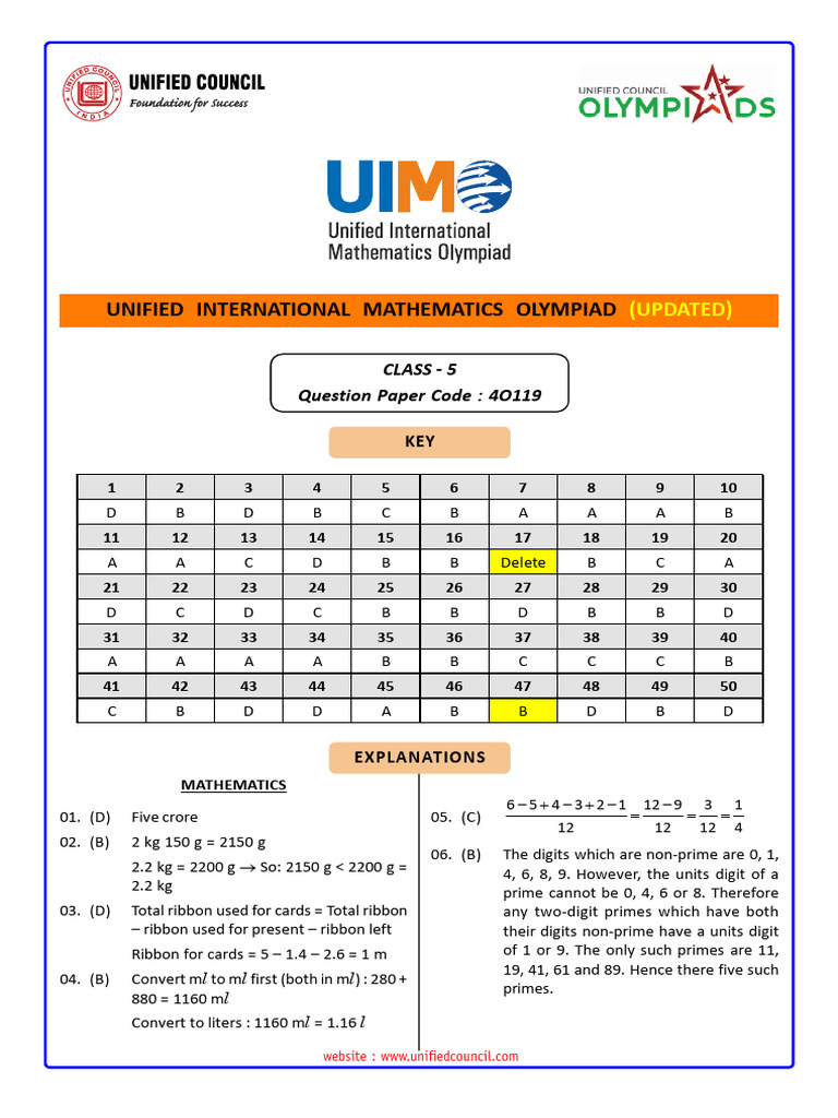 CL 5 UIMO 2025 Paper 4O119 Key Updated | PDF