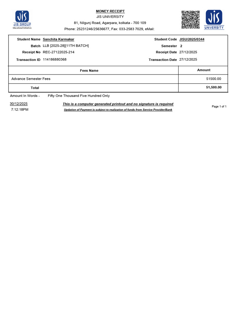 2nd Sem Payment Recipt (Jis) | PDF