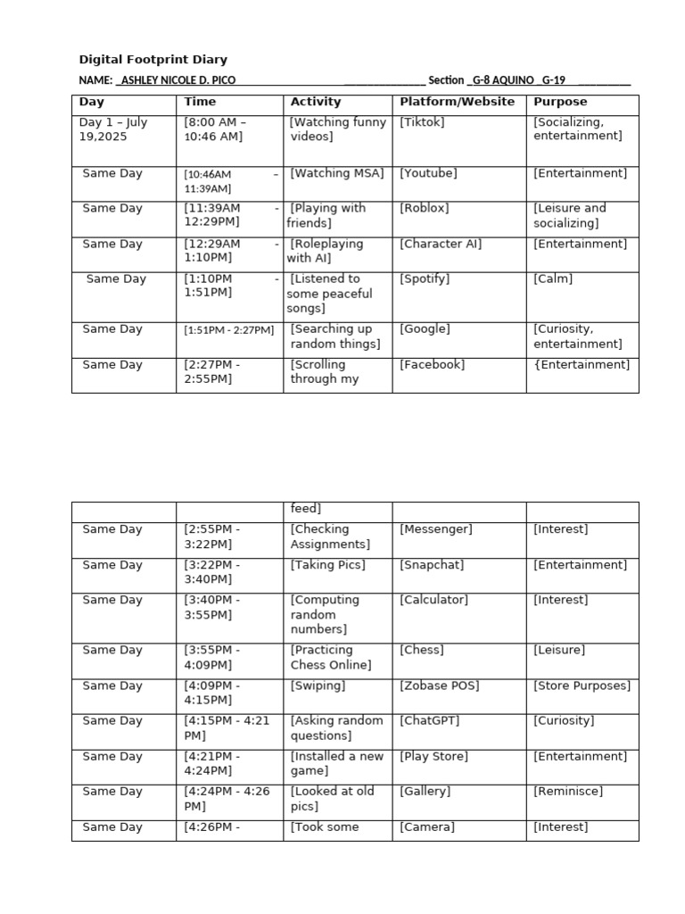 Digital Footprint Diary Template | PDF | World Wide Web | Internet & Web