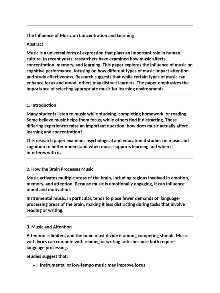 The Influence of Music On Concentration and Learning | PDF | Attention ...