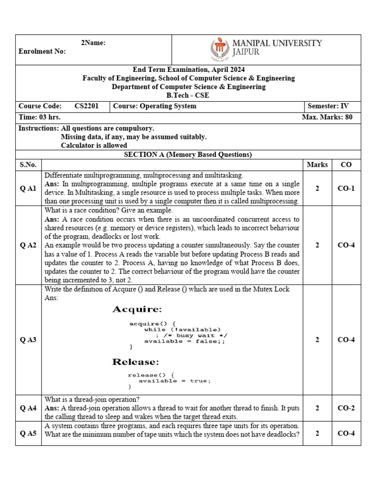 ETE April 2024 CS2201 OS Paper Set 1 Solution | PDF | Process ...