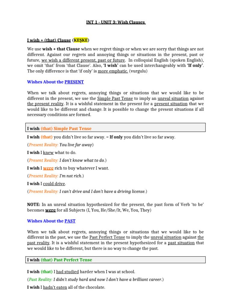 Int 1 - Unit 3 (Wish Clauses) - Detailed | PDF | Perfect (Grammar) | Verb