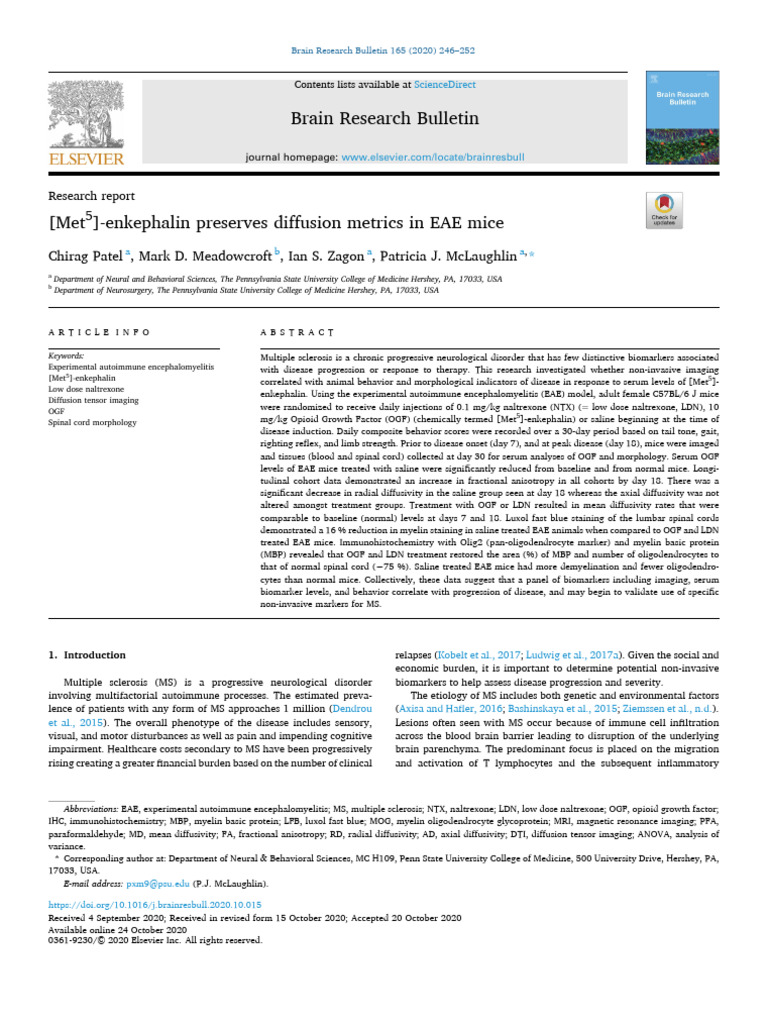 Met5 Enkephalin Preserves Diffusion Metrics in E 2020 Brain Research ...