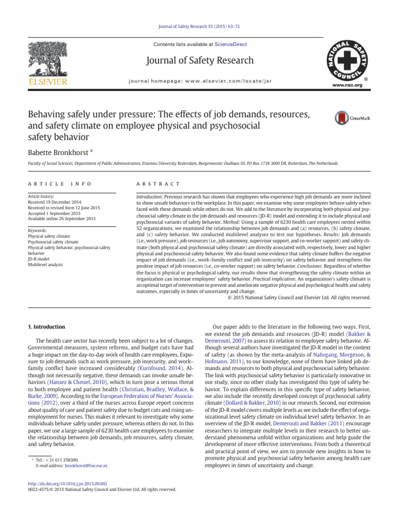 The Effects of Job Demands, Resources, and Safety Climate On Employee ...
