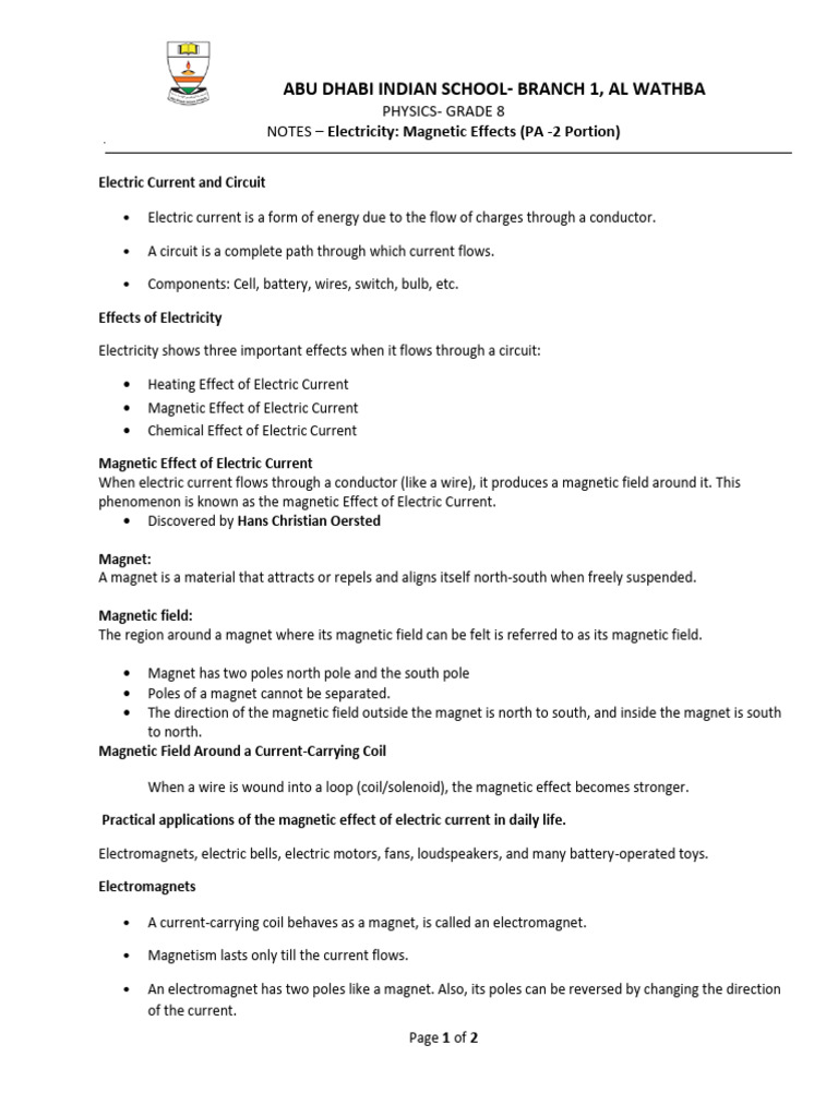 Grade 8 - NOTES Electricity Magnetic Effect | PDF | Magnet | Magnetic Field