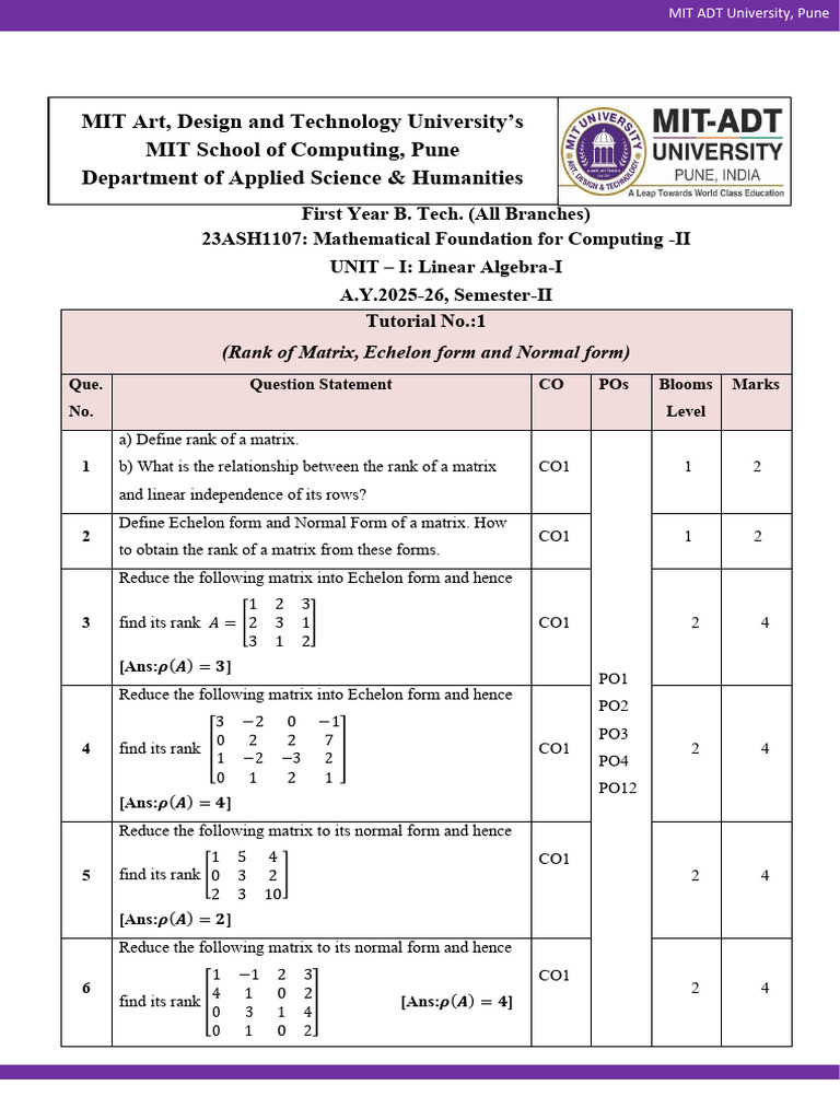 MFC - II 2025 26 Sem II Tutorials 1, 2 & 3 | PDF | System Of Linear ...