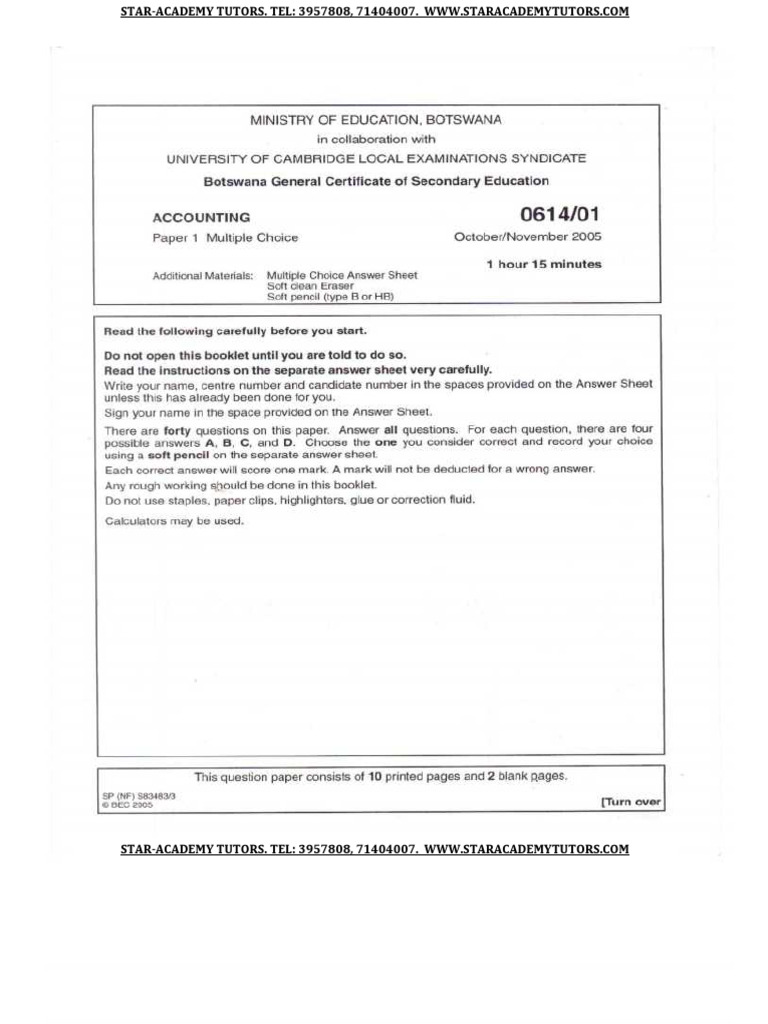Accounting Paper 1 Multiple Choice 2005 (BGCSE) | PDF