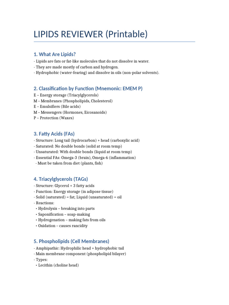 Lipids Reviewer Printable | PDF
