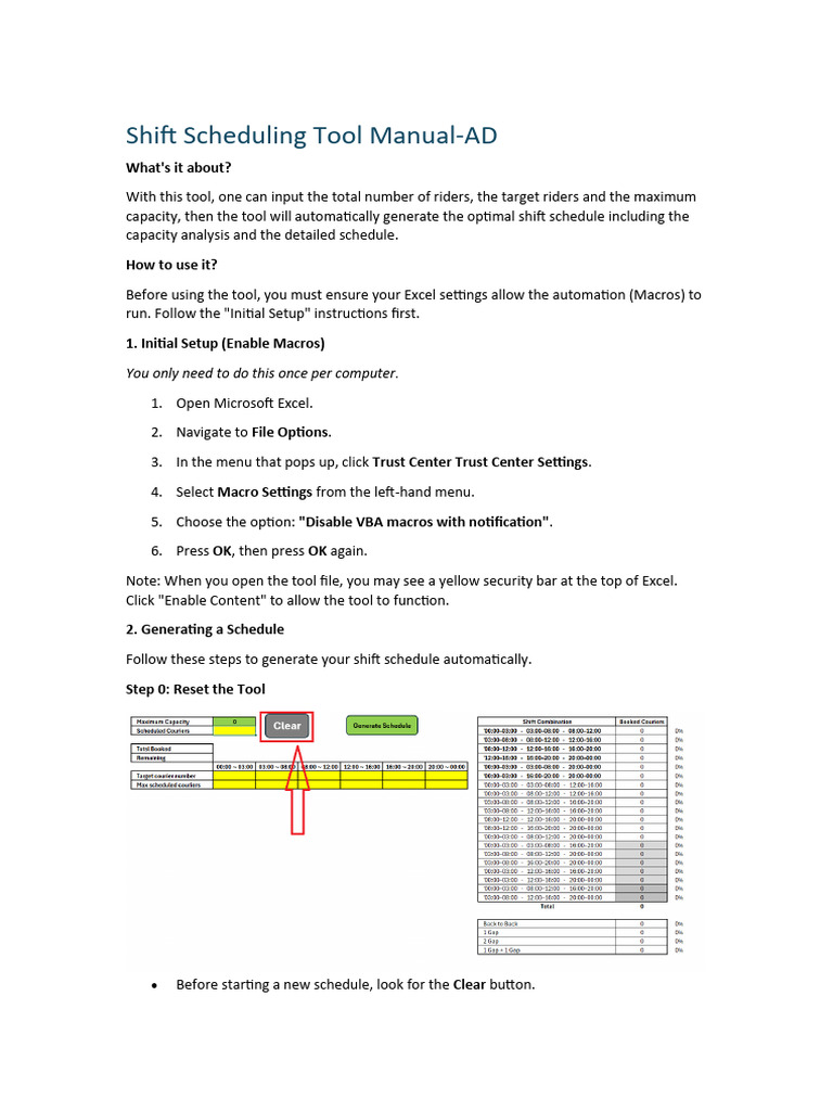 Shift Scheduling Tool Manual1769498263493 | PDF | Microsoft Excel ...