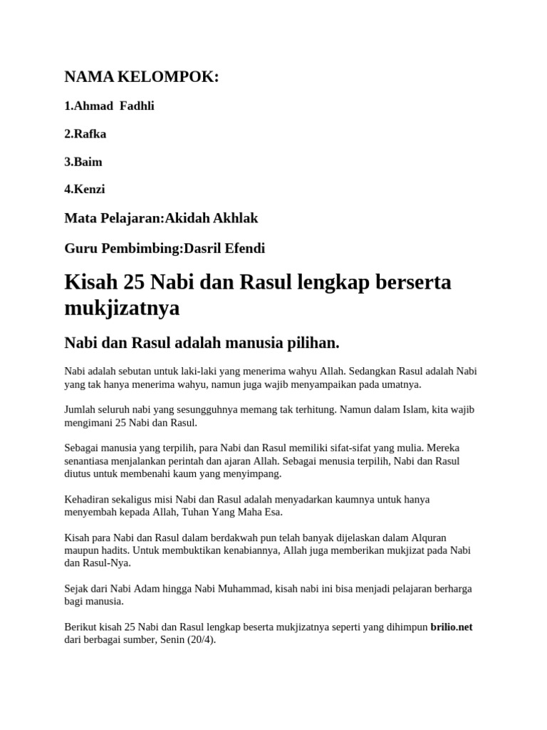 Kisah 25 Rosul Dan Mu'jizatnya | PDF