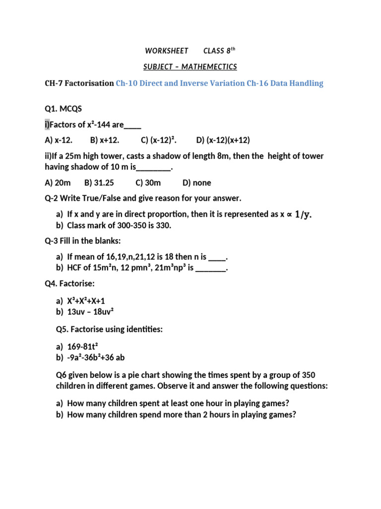 Worksheet Class 8 Worksheet - 1 2025 | PDF