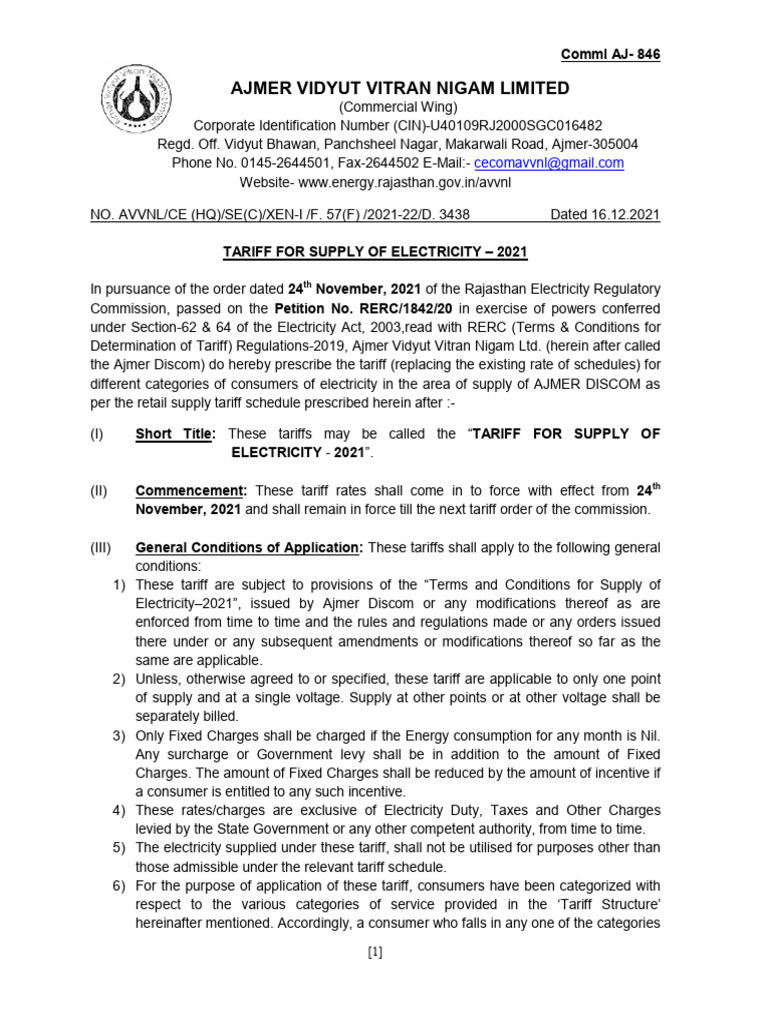 Avvnl Tariff 2021 | PDF | Capacitor | Electricity