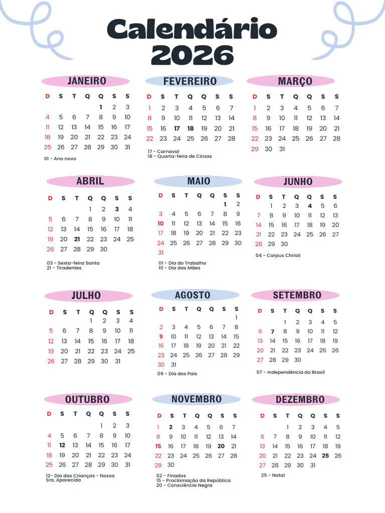 A4 Calendário Anual 2026 Com Feriados Fofo Rosa E Lilás | PDF