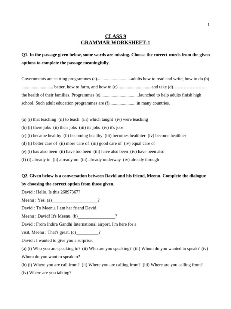 Class 9 Grammar Worksheet 1 | PDF