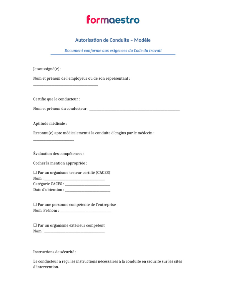 Autorisation de Conduite Modele | PDF