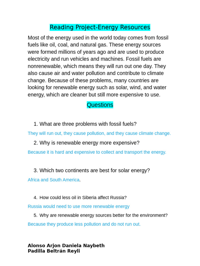 Reading Project-Energy Resources: Questions | PDF