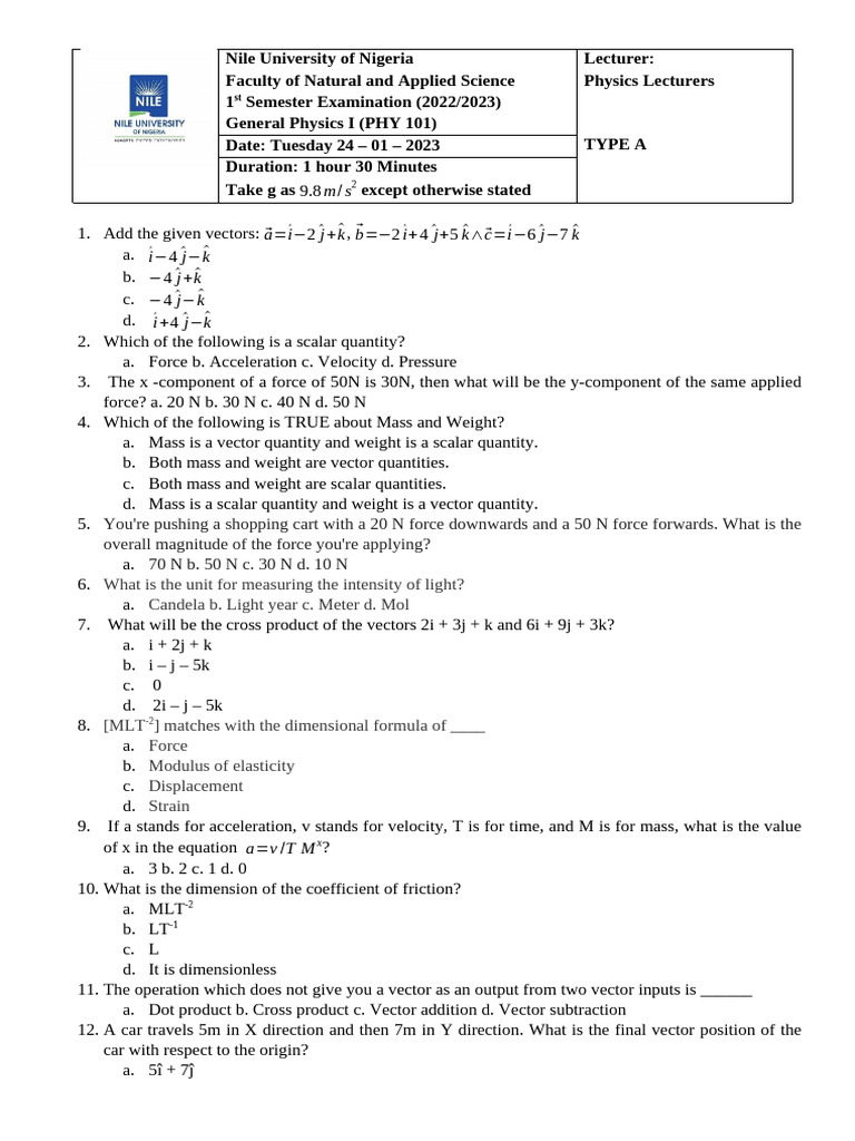 PHY 101 Final Examination 2022-2023 | PDF | Force | Acceleration