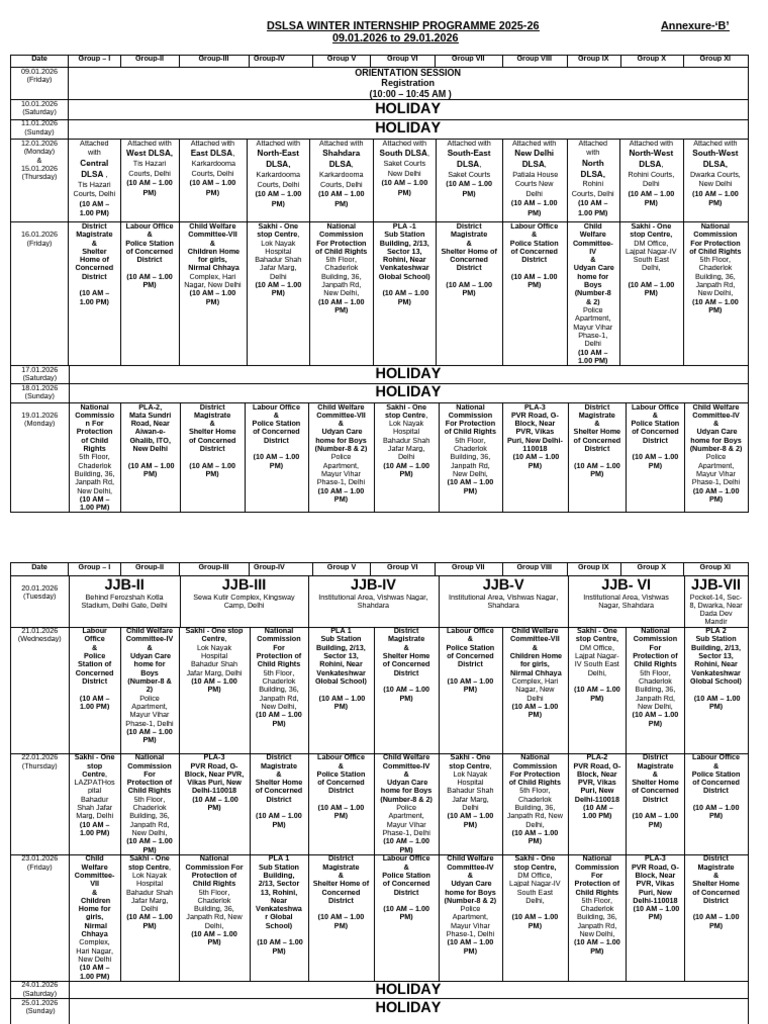 Schedule of Winter Internship Programme - 2025-26 | PDF