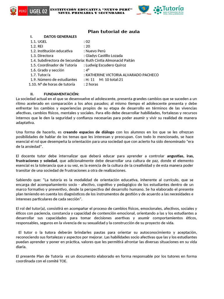 Plan Tutorial de Aula Cuarto Año 2023 | PDF | Aprendizaje | Enseñando