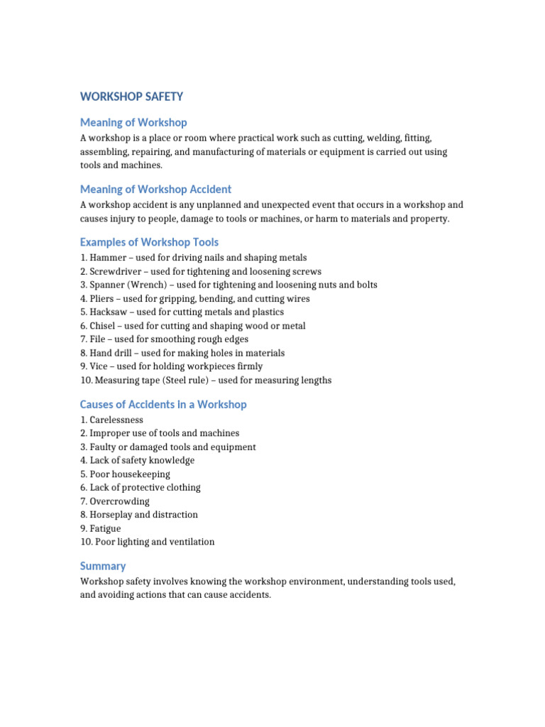 Workshop Safety Note | PDF