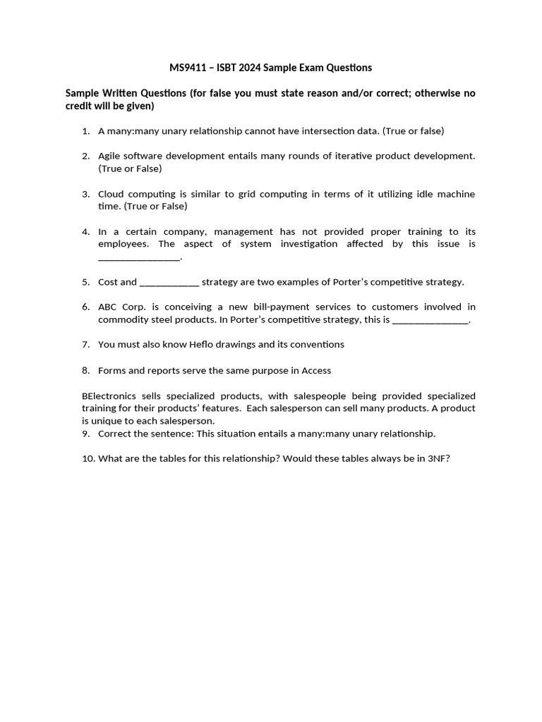 Is BT Exam Sample Questions 2024 | PDF