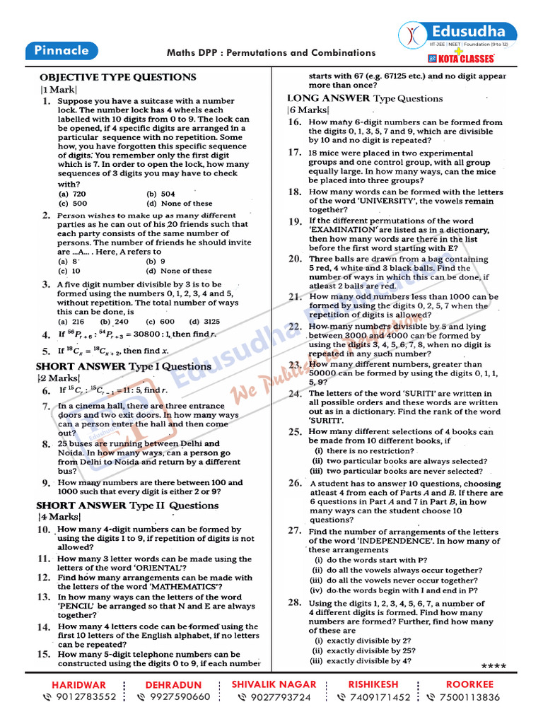 Maths - Permutations and Combinations DPP For Pinnacle (18!12!2025) | PDF