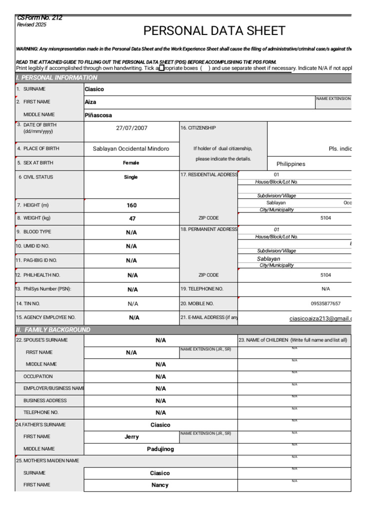 ANNEX H 1 CS Form No. 212 Revised 2025 Personal Data Sheet | PDF ...