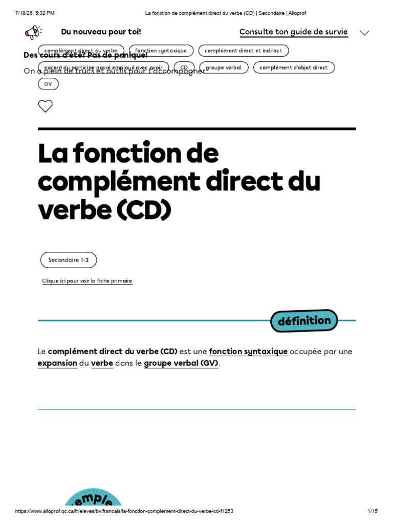 La Fonction de Complément Direct Du Verbe (CD) - Secondaire - Alloprof ...