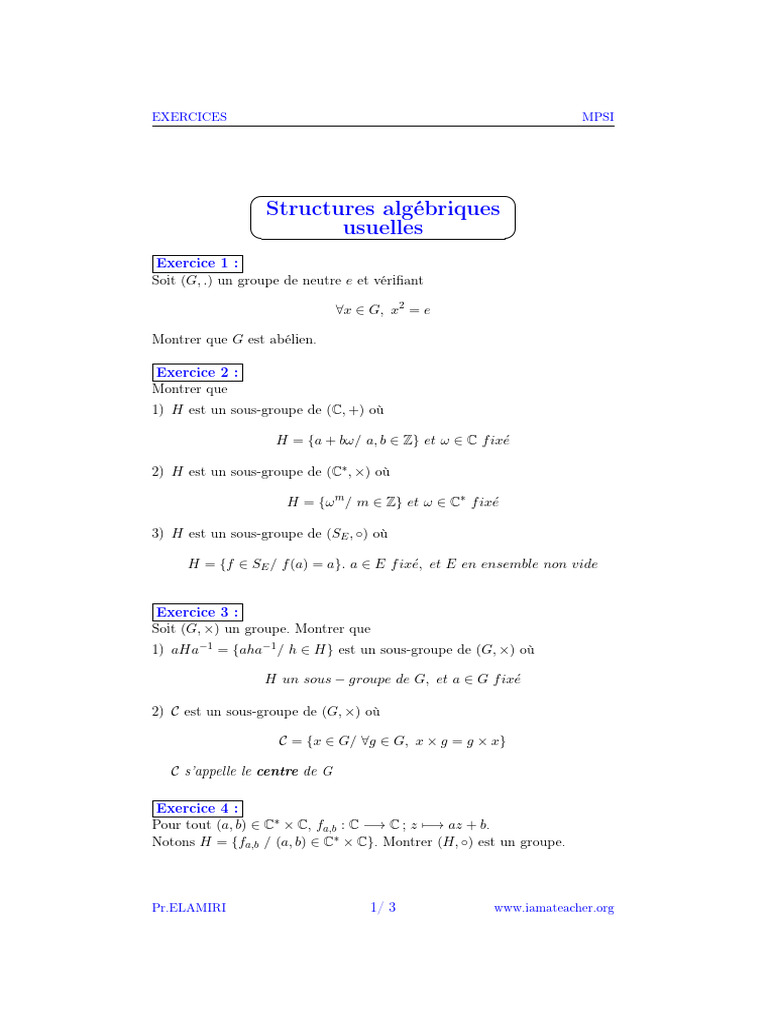 Structures Algébriques Usuelles Énoncé | PDF | Anneau (mathématiques ...