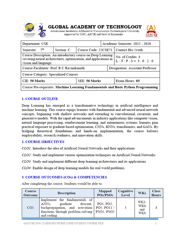 22CSE71 - DL - Student Course File-Updated On 7th Sept 2025 | PDF ...